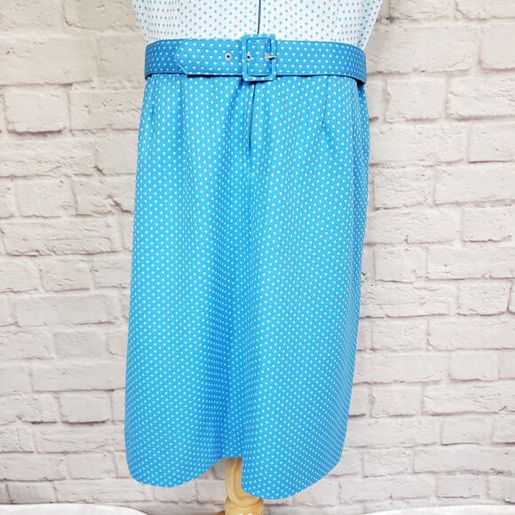 Vintage 1970s Volup Sheath Dress Blue White Dot Pointed Collar Belted Sz 20 - Picture 7 of 12